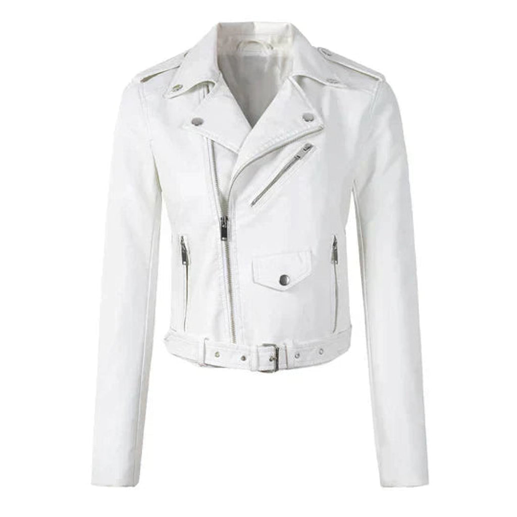 Women's Cropped Moto Zip-Up Faux Leather Jacket - White