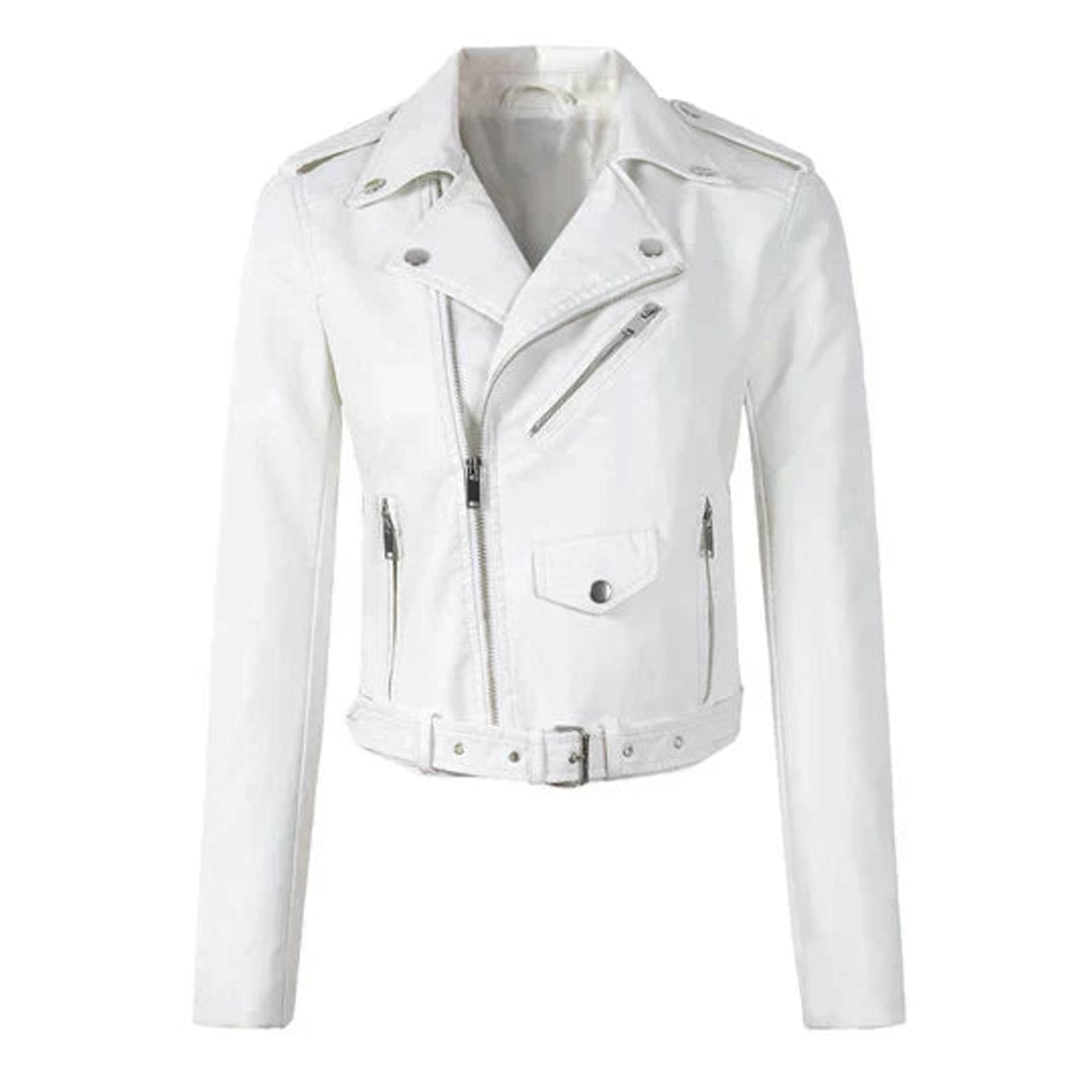 Women's Cropped Moto Zip-Up Faux Leather Jacket - White
