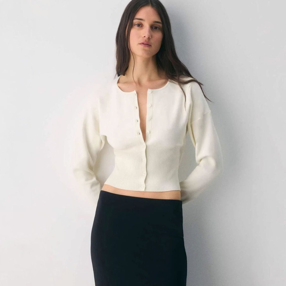 Women's Cropped Ribbed-Knit Button-Front Cardigan
