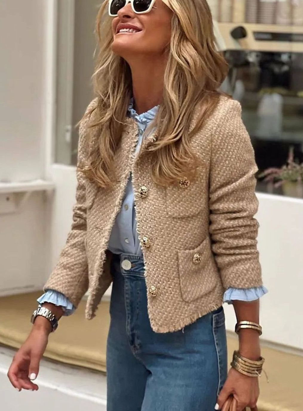 Women's Cropped Tweed Blazer Jacket Gold Button Front