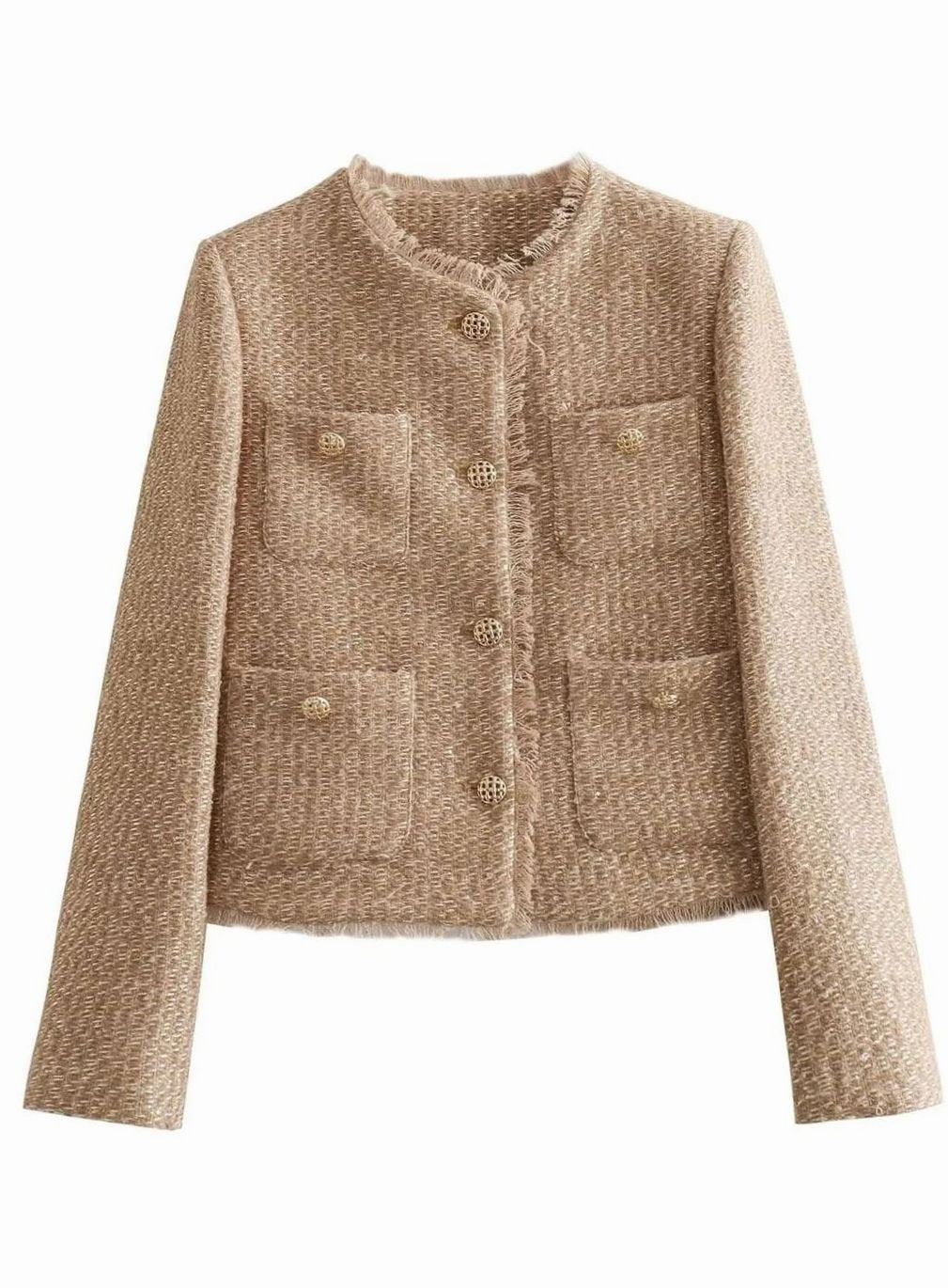 Women's Cropped Tweed Blazer Jacket Gold Button Front