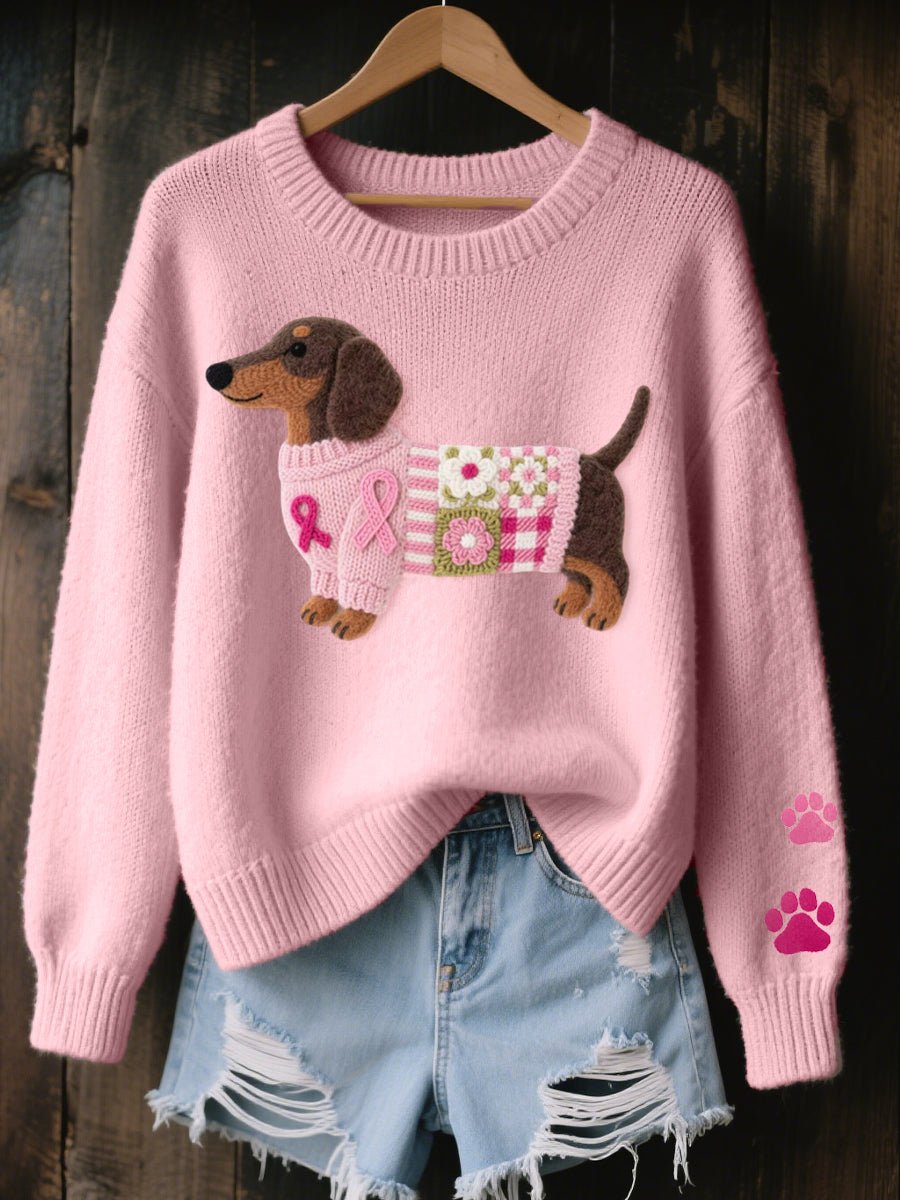Women's Dachshund Patchwork Floral Crewneck Knit Sweater - Pink