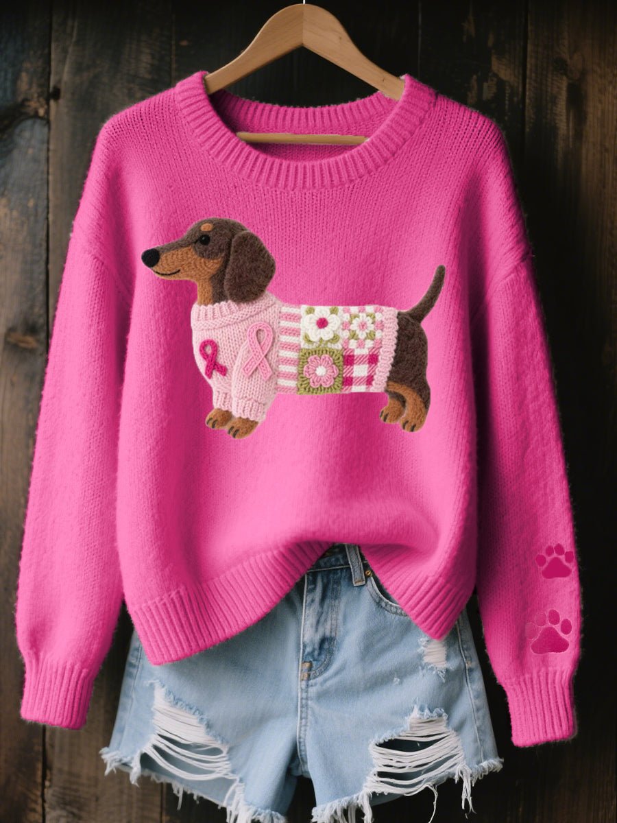 Women's Dachshund Patchwork Floral Crewneck Knit Sweater - Dark Pink