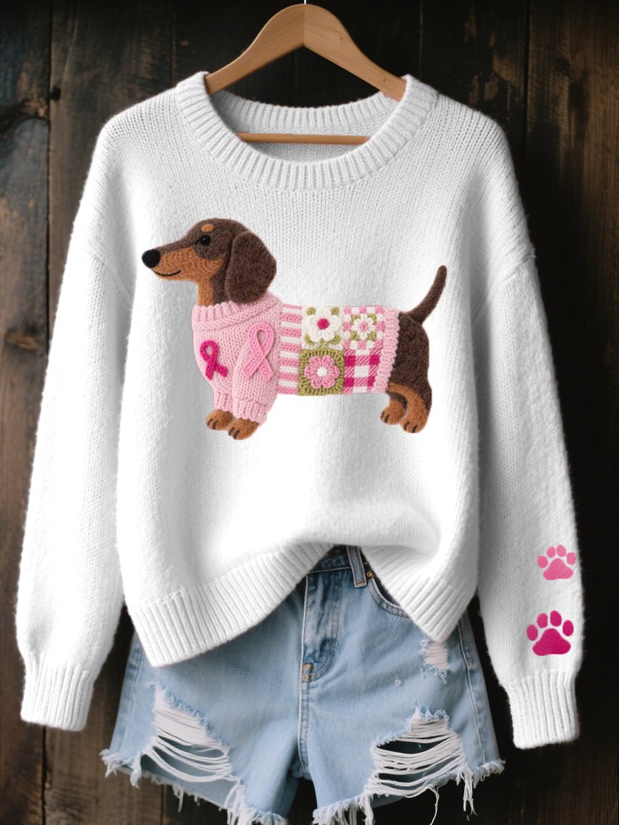 Women's Dachshund Patchwork Floral Crewneck Knit Sweater - White