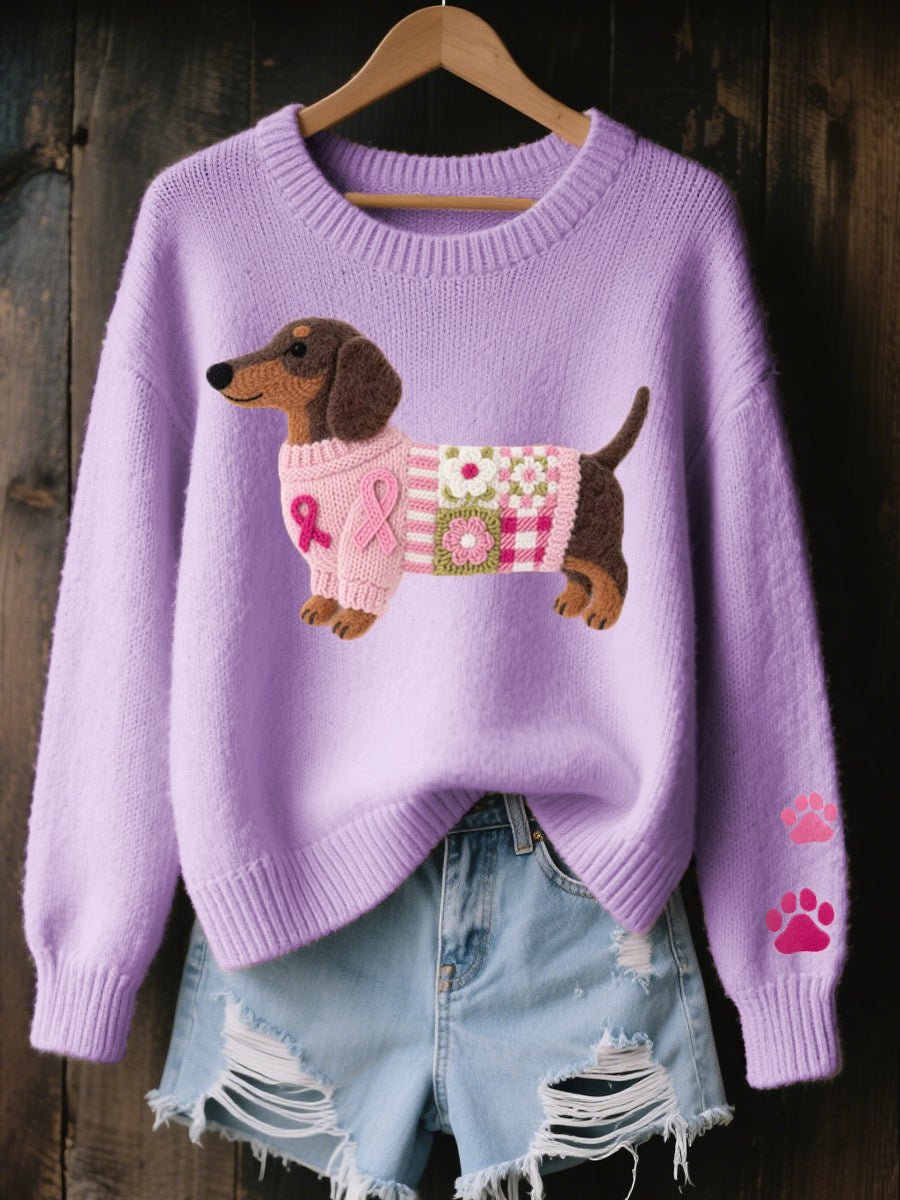 Women's Dachshund Patchwork Floral Crewneck Knit Sweater - Purple