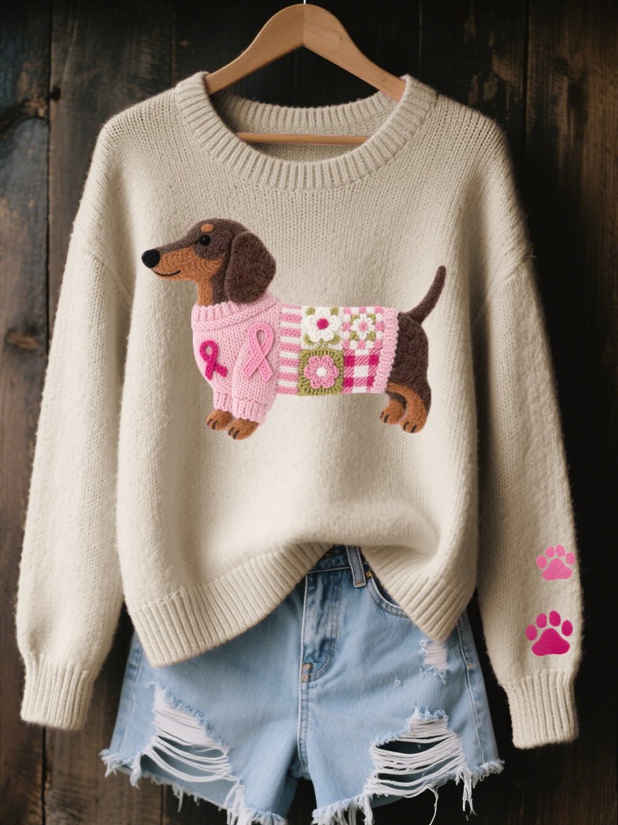 Women's Dachshund Patchwork Floral Crewneck Knit Sweater - Beige