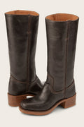 Women's Dark Brown Leather Knee-High Block-Heel Boots - Brown