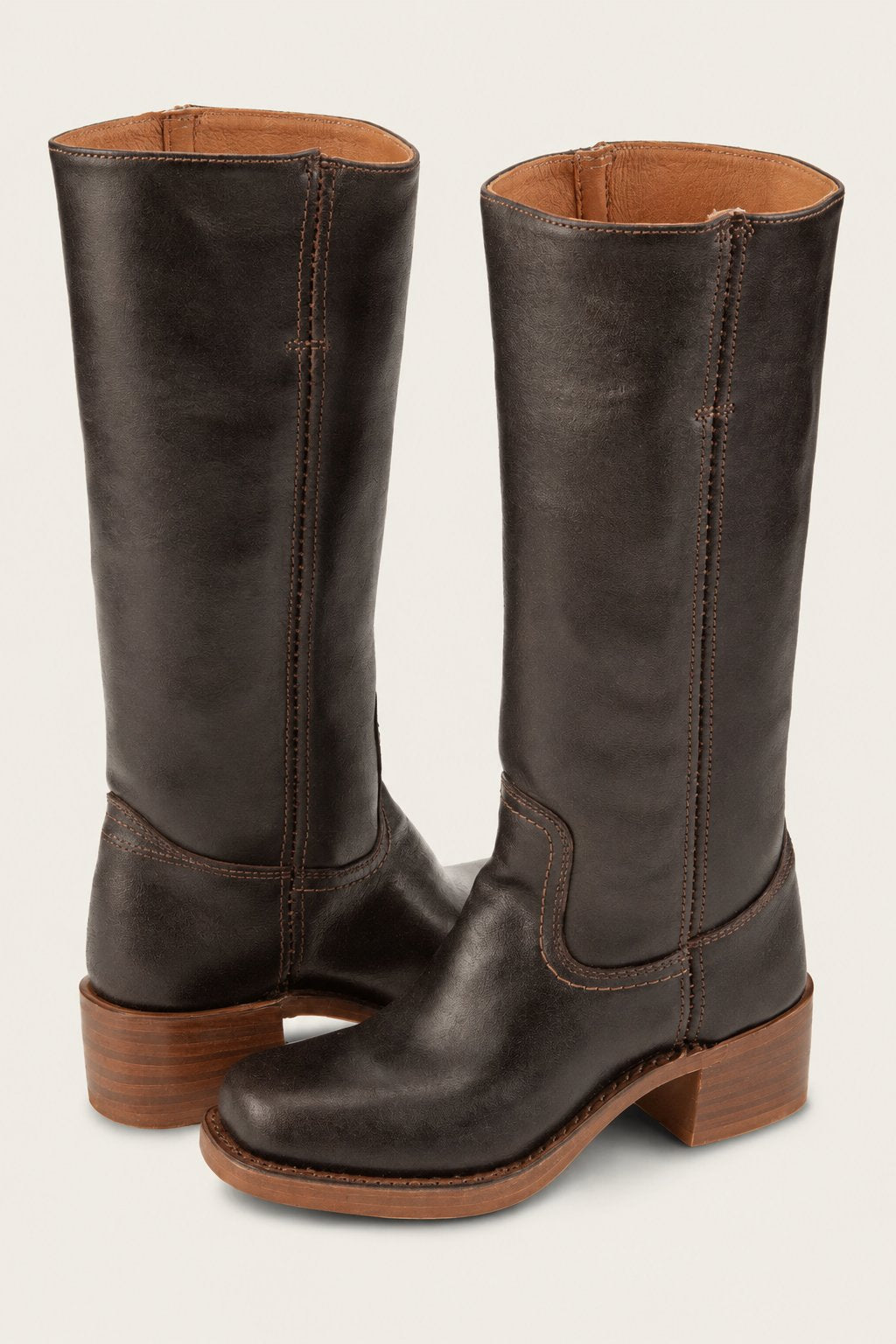 Women's Dark Brown Leather Knee-High Block-Heel Boots - Brown
