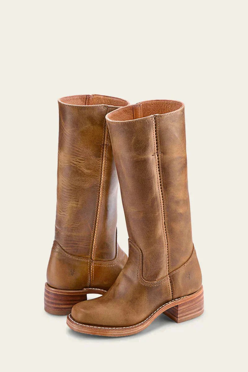 Women's Dark Brown Leather Knee-High Block-Heel Boots - Khaki