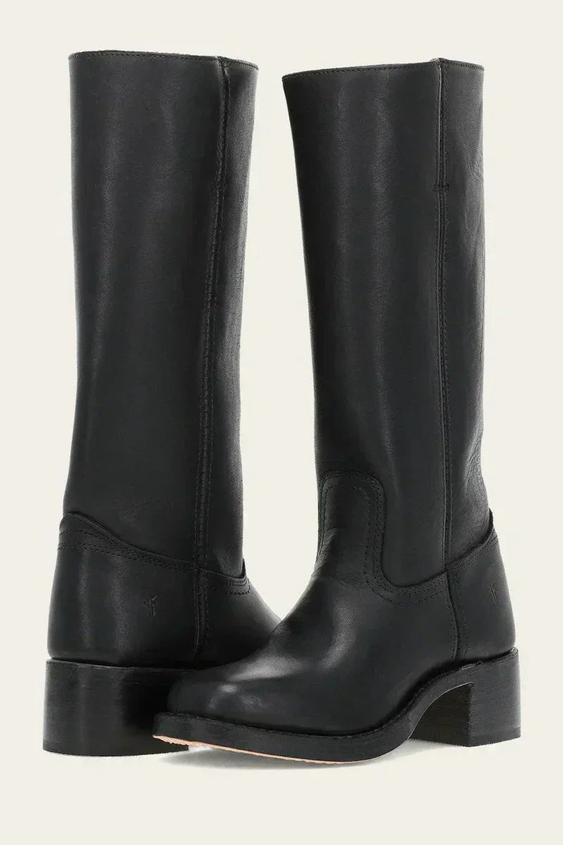 Women's Dark Brown Leather Knee-High Block-Heel Boots - Black