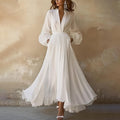 Women's Deep V-Neck Flowy Chiffon Maxi Formal Dresses Long Sleeve - White
