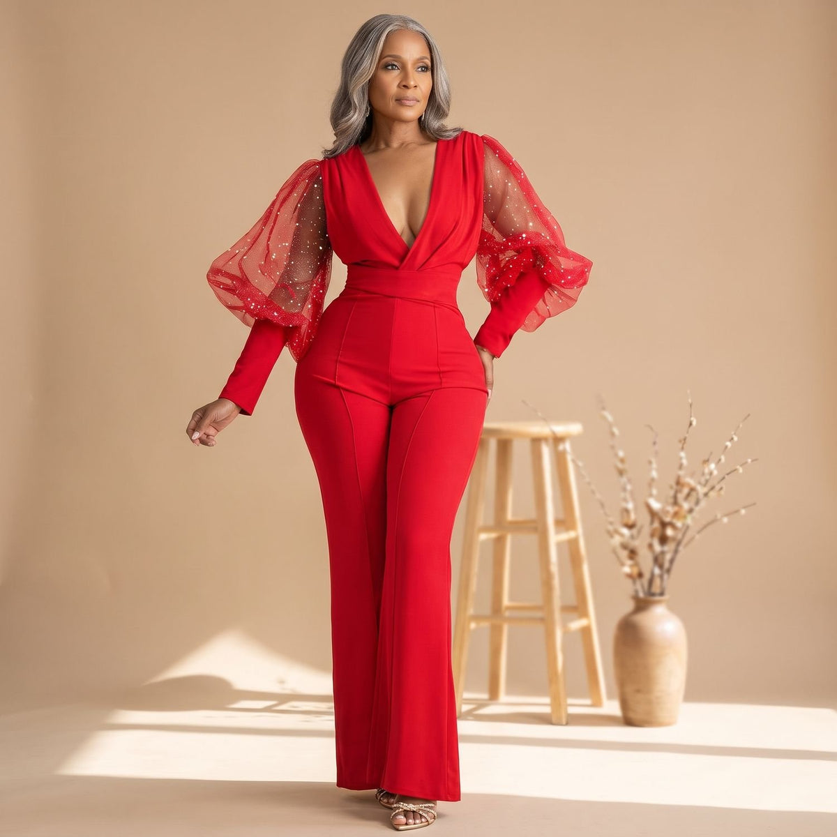 Women's Deep V-Neck Glitter Mesh Sleeve Wide-Leg Jumpsuit - Red
