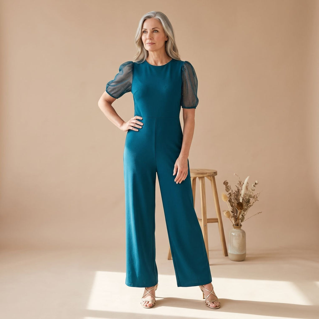 Women's Deep V-Neck Glitter Mesh Sleeve Wide-Leg Jumpsuit - Green