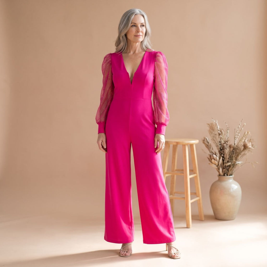 Women's Deep V-Neck Glitter Mesh Sleeve Wide-Leg Jumpsuit - Pink
