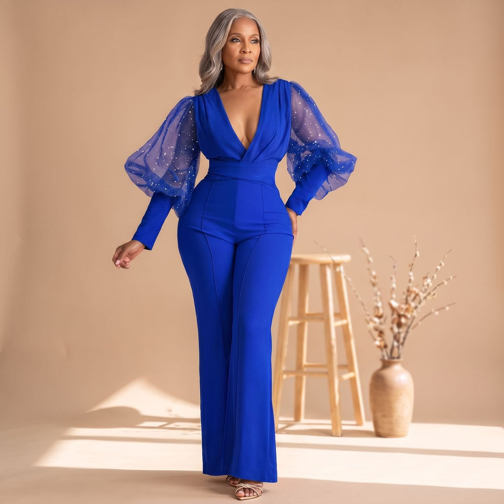 Women's Deep V-Neck Glitter Mesh Sleeve Wide-Leg Jumpsuit - Blue