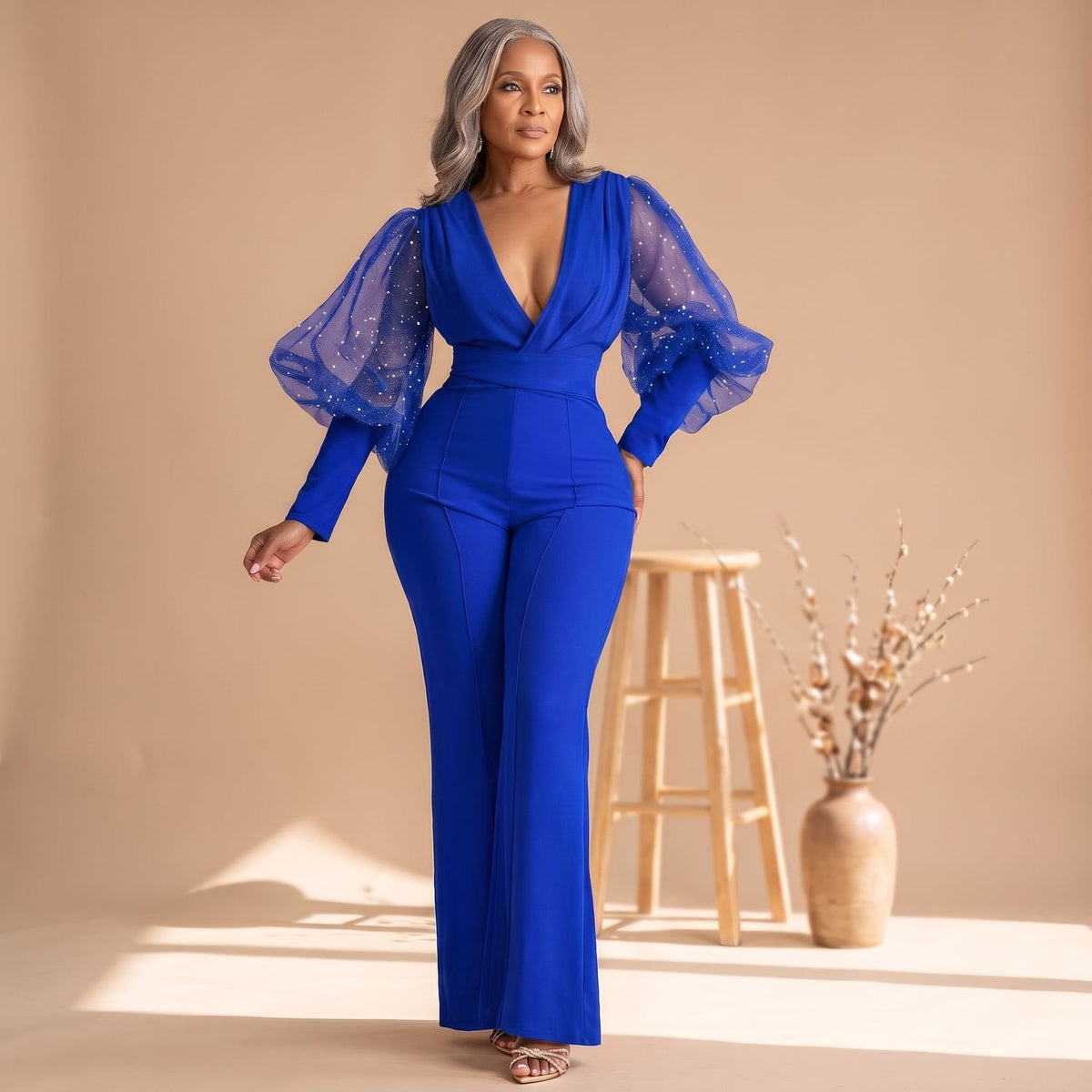 Women's Deep V-Neck Glitter Mesh Sleeve Wide-Leg Jumpsuit - Blue