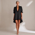 Women's Deep V-Neck Lace-Trim Puff Sleeve Mini Dress - Black