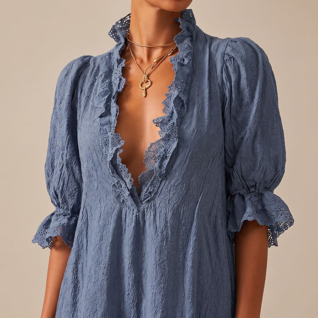 Women's Deep V-Neck Lace-Trim Puff Sleeve Mini Dress