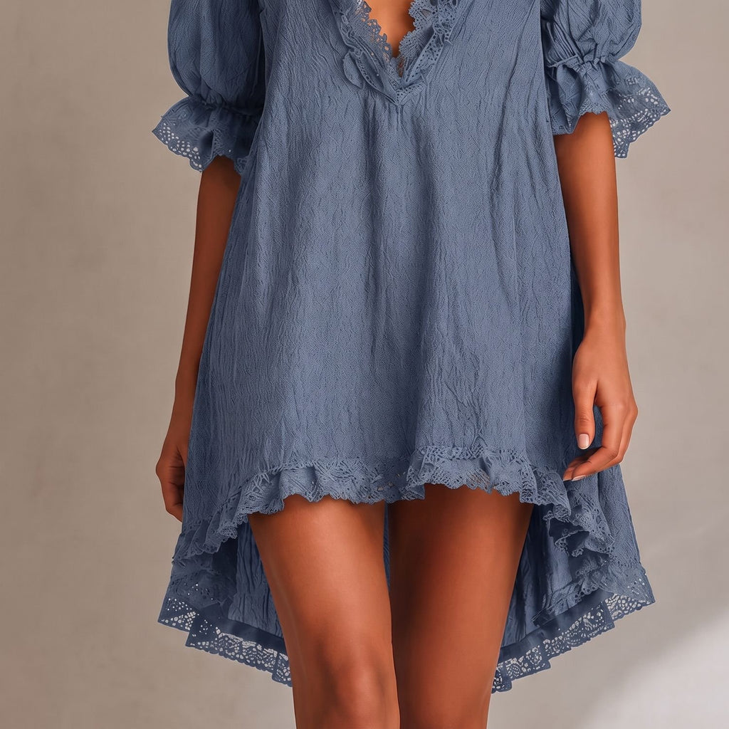 Women's Deep V-Neck Lace-Trim Puff Sleeve Mini Dress