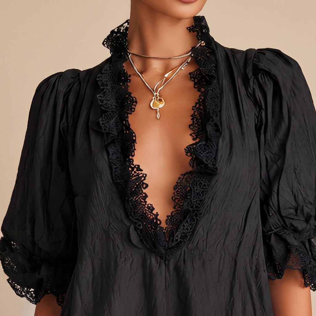 Women's Deep V-Neck Lace-Trim Puff Sleeve Mini Dress