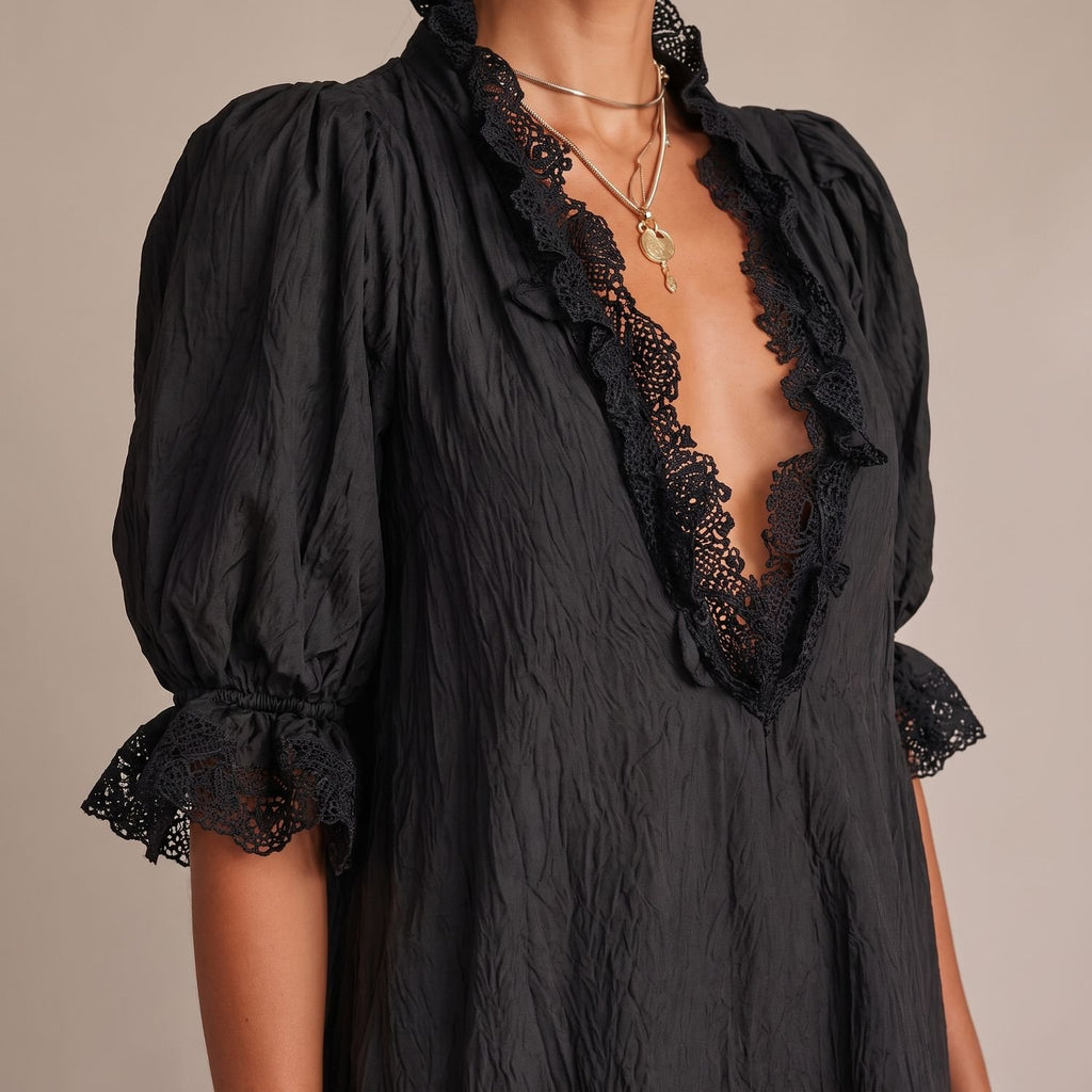 Women's Deep V-Neck Lace-Trim Puff Sleeve Mini Dress