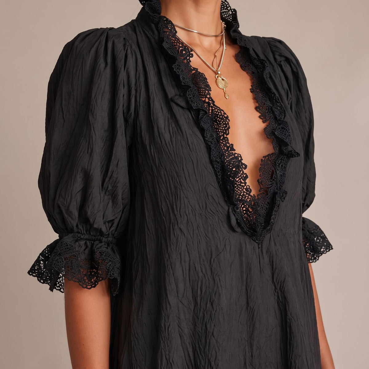 Women's Deep V-Neck Lace-Trim Puff Sleeve Mini Dress
