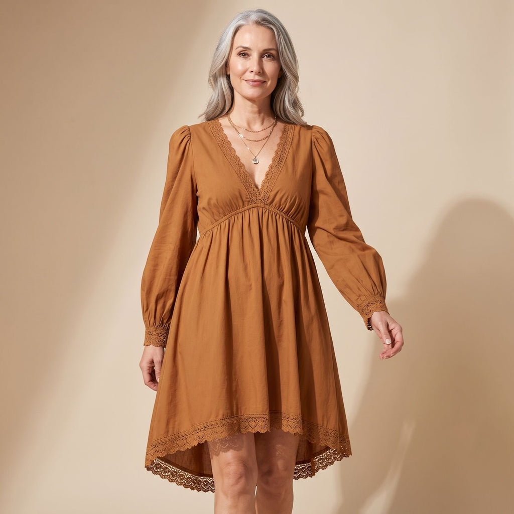 Women's Deep V-Neck Lace-Trim Puff Sleeve Mini Dress - Brown