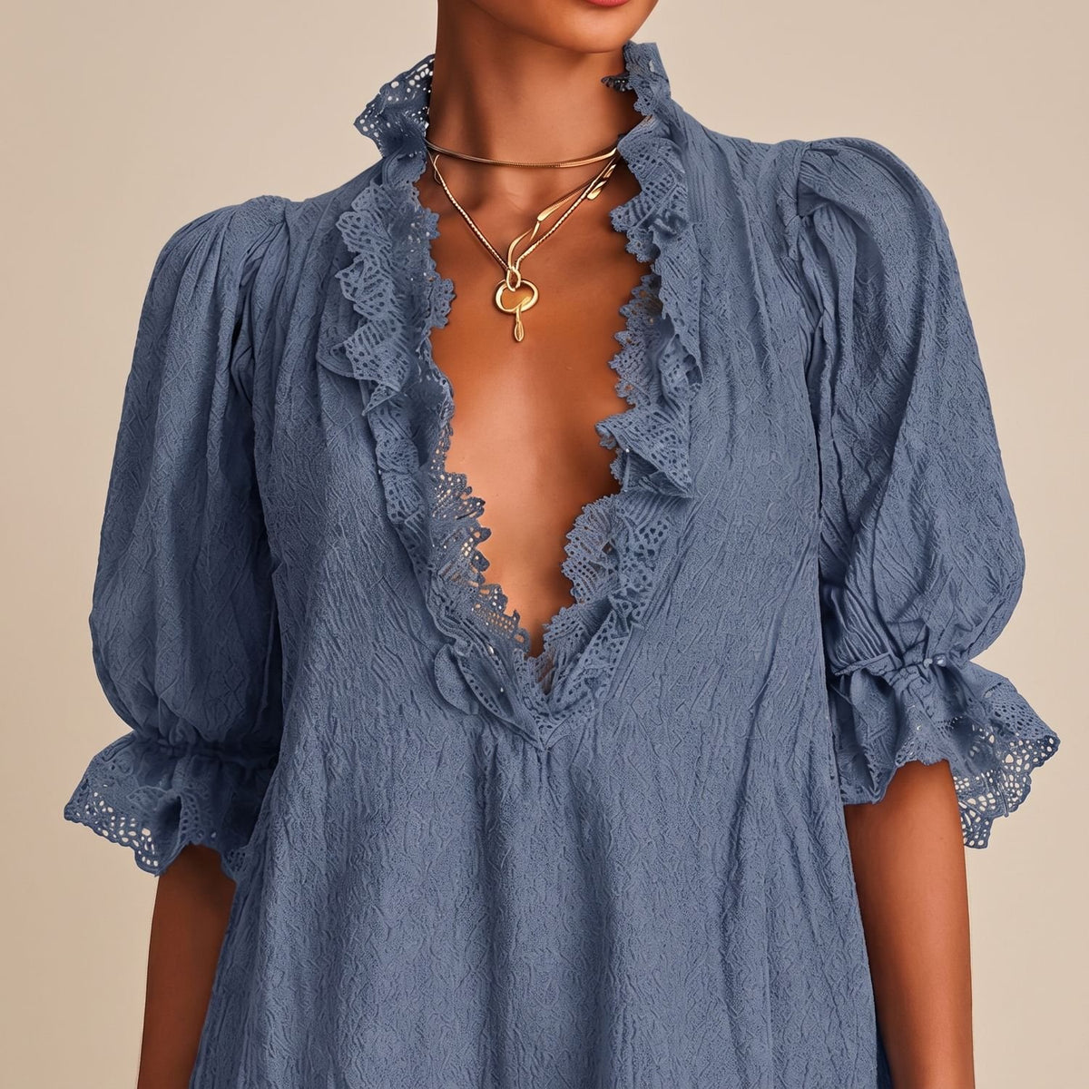 Women's Deep V-Neck Lace-Trim Puff Sleeve Mini Dress