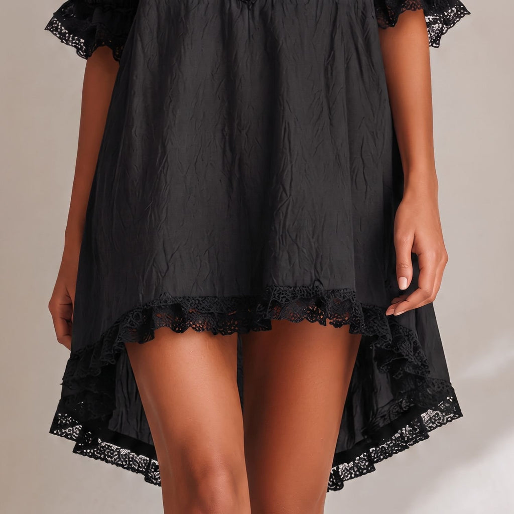 Women's Deep V-Neck Lace-Trim Puff Sleeve Mini Dress