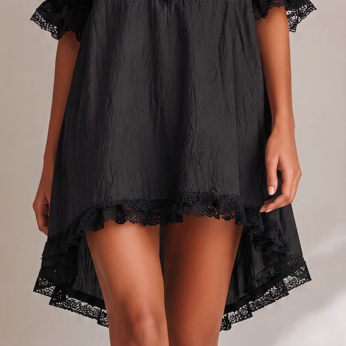 Women's Deep V-Neck Lace-Trim Puff Sleeve Mini Dress
