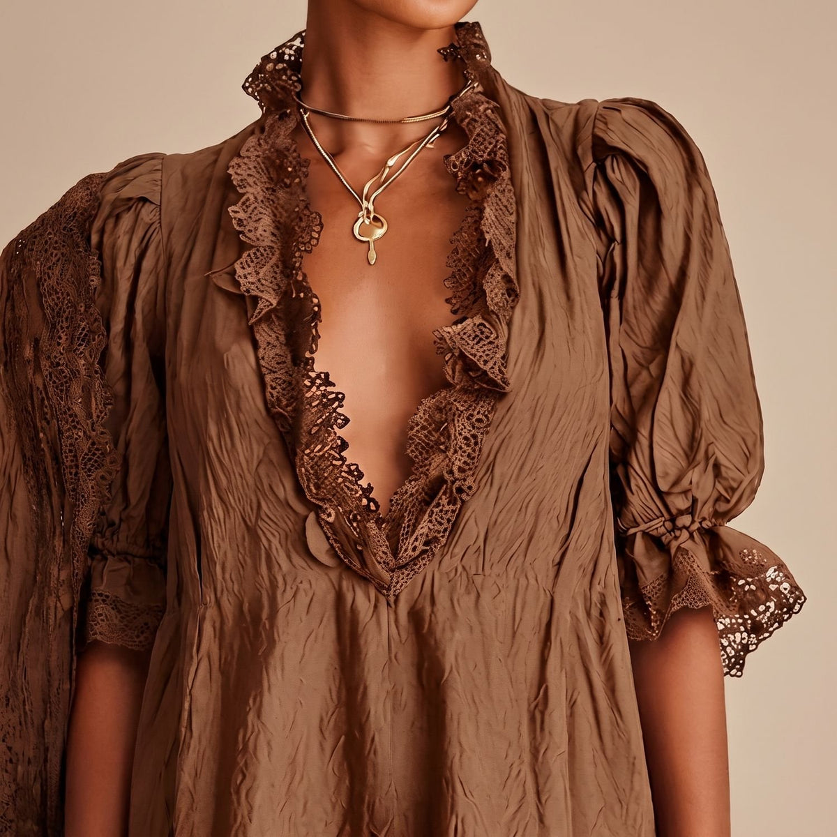 Women's Deep V-Neck Lace-Trim Puff Sleeve Mini Dress