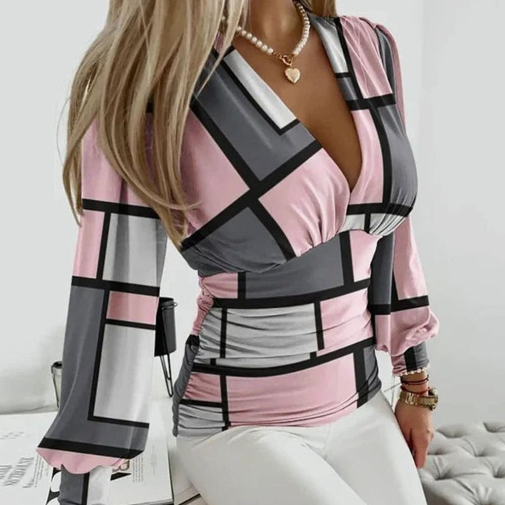 Women's Deep V-Neck Ruched Waist Blouse Long Sleeve Slim Top - Geometric Pink & Gray