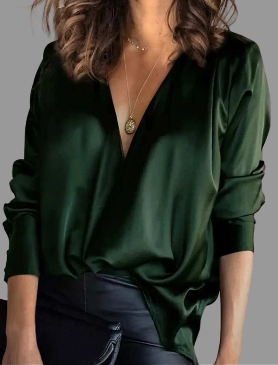 Women's Deep V-Neck Satin Draped Long Sleeve Blouse - Green