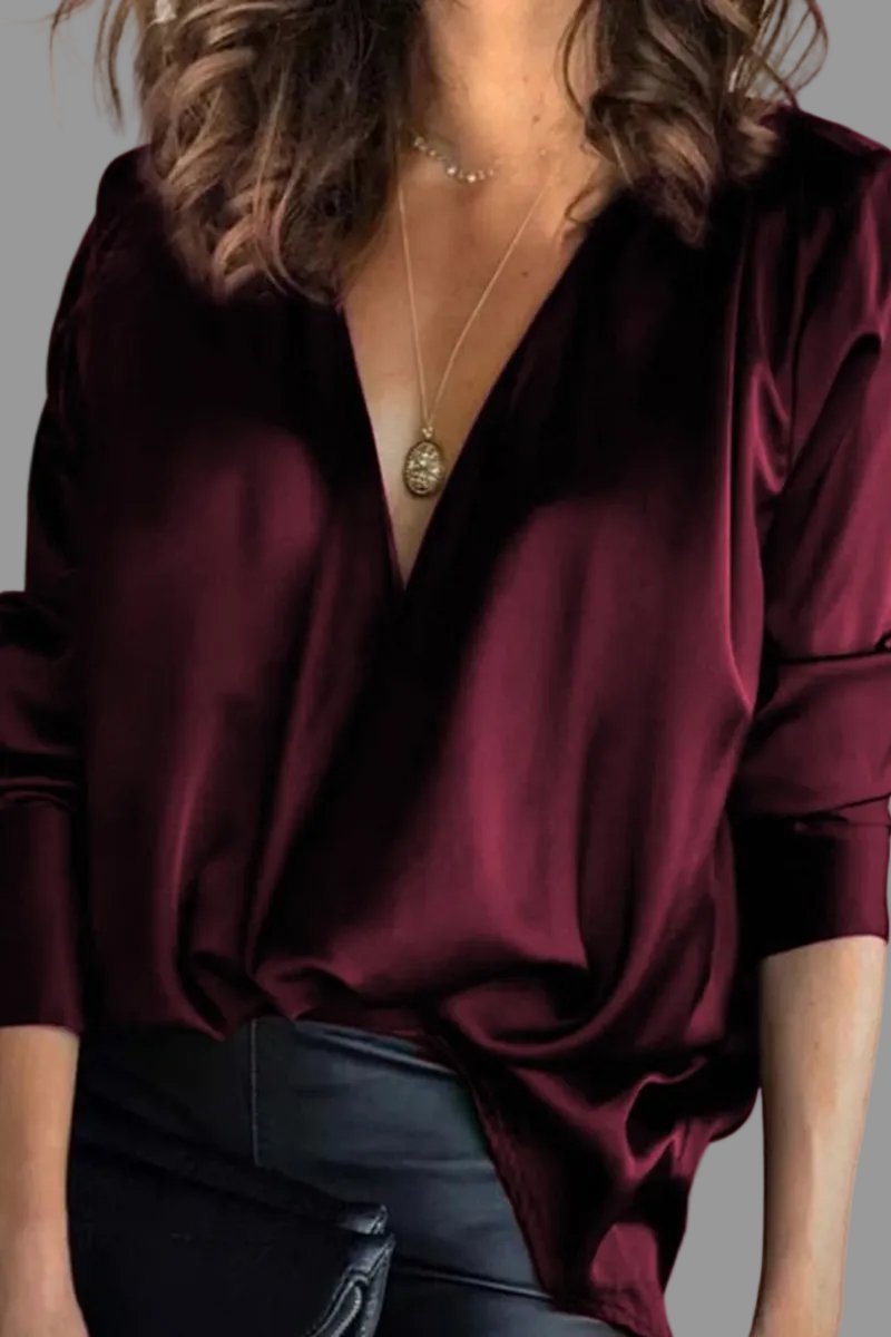 Women's Deep V-Neck Satin Draped Long Sleeve Blouse - Burgundy