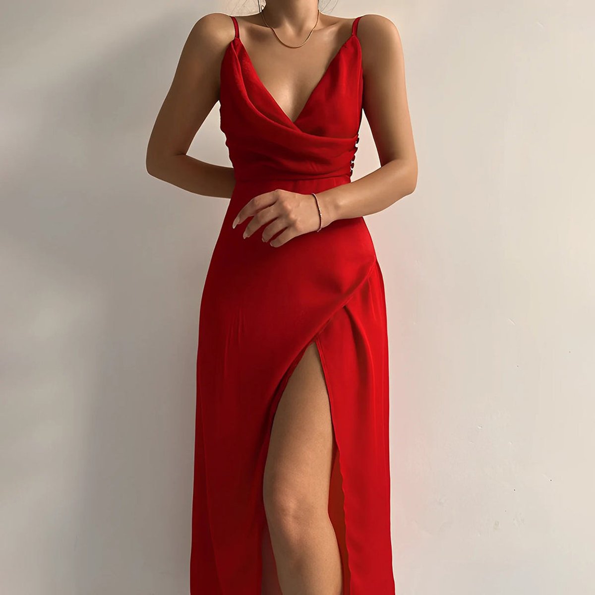 Women's Deep V-Neck Slit Maxi Cocktail Party Dress - Red