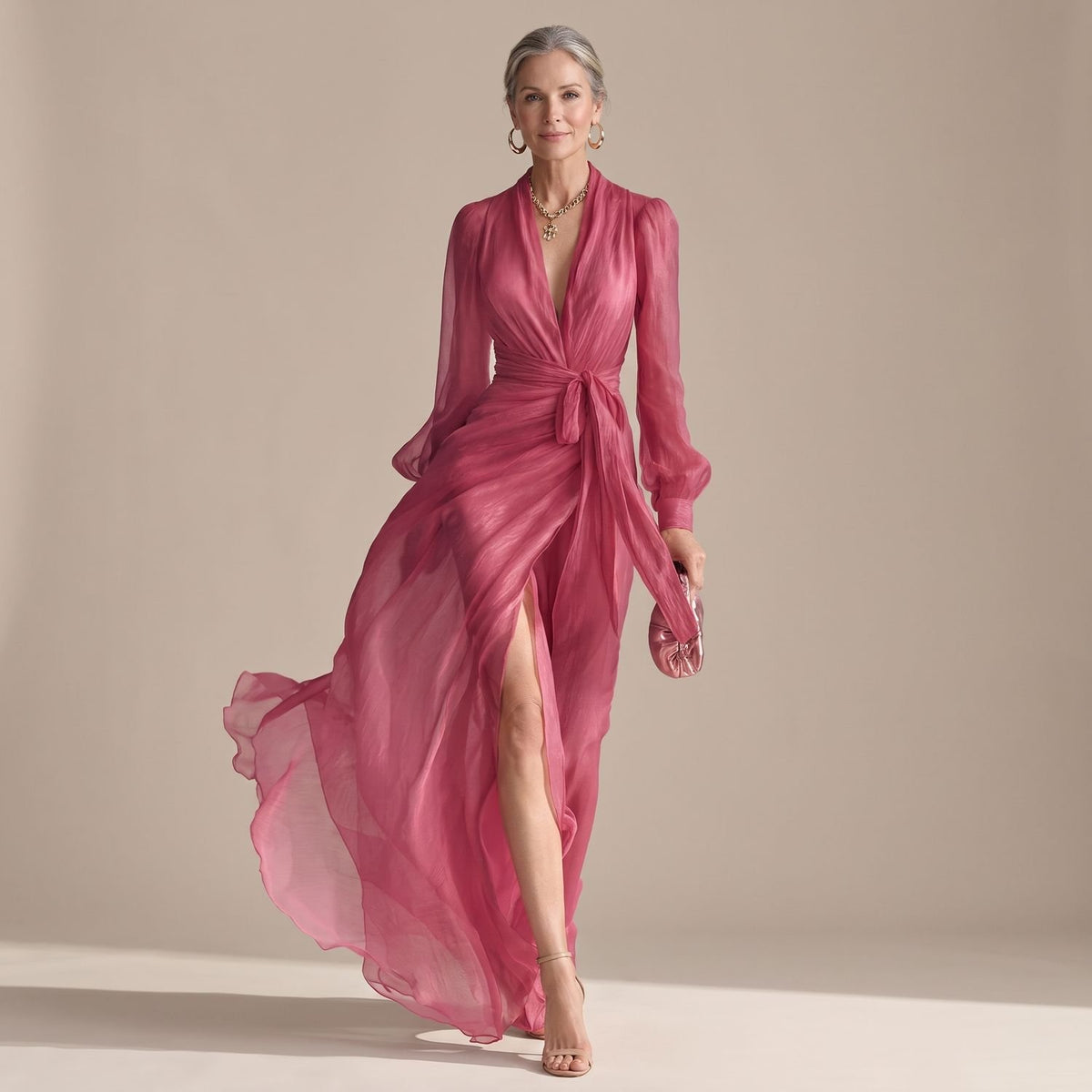 Women's Deep V-Neck Wrap Front Slit Maxi Dress