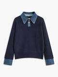 Women's Denim-Collar Knit Polo Sweater - Navy