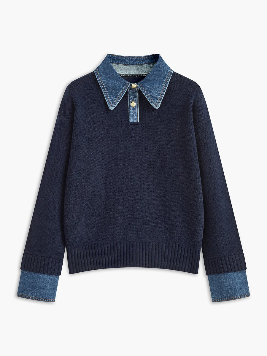 Women's Denim-Collar Knit Polo Sweater - Navy
