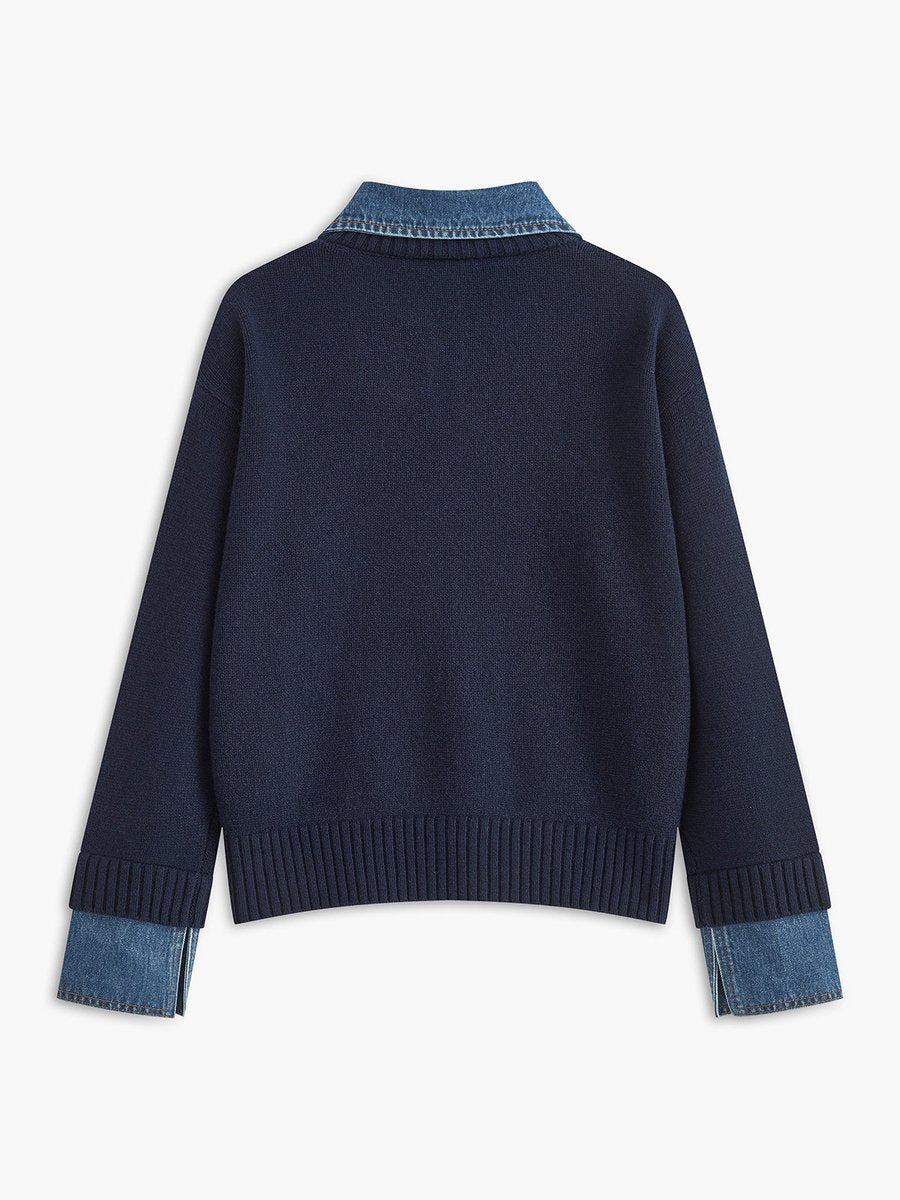 Women's Denim-Collar Knit Polo Sweater
