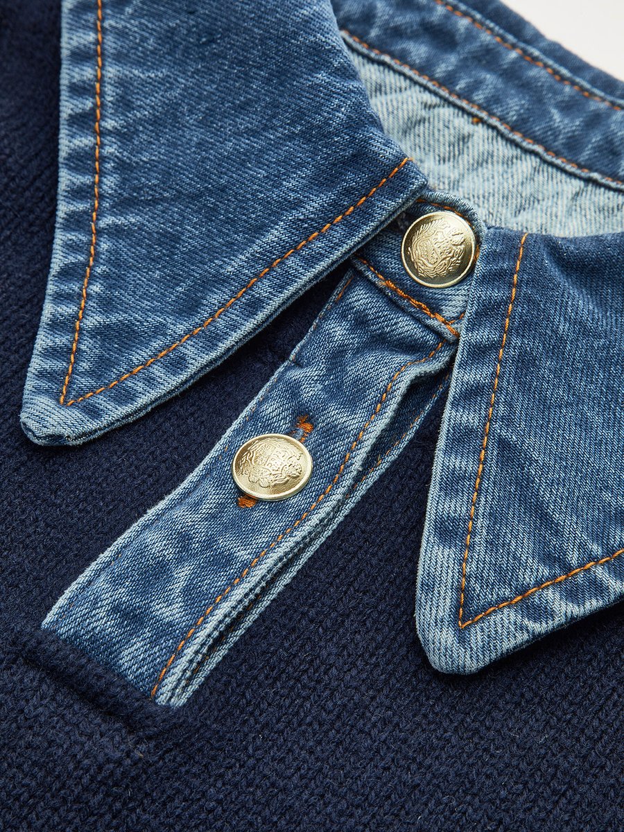 Women's Denim-Collar Knit Polo Sweater