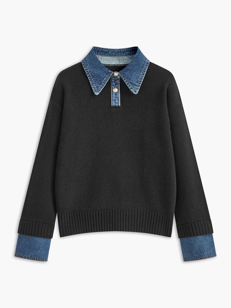 Women's Denim-Collar Knit Polo Sweater - Black