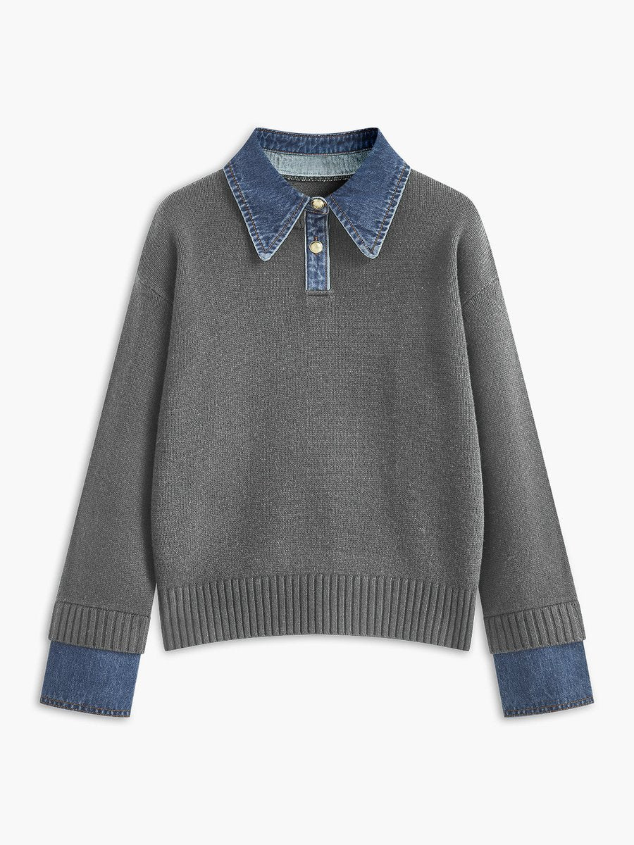Women's Denim-Collar Knit Polo Sweater - Light Grey