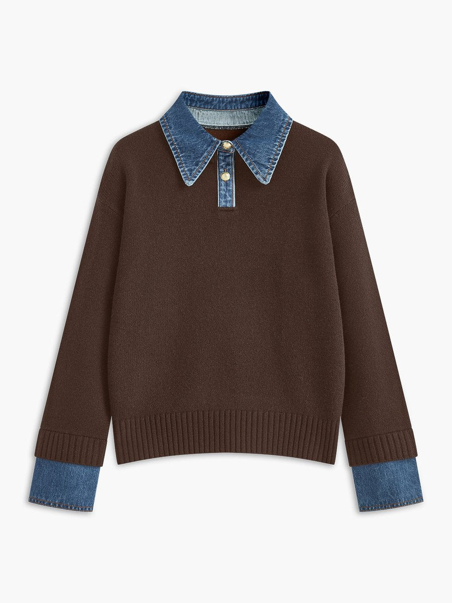 Women's Denim-Collar Knit Polo Sweater - Brown