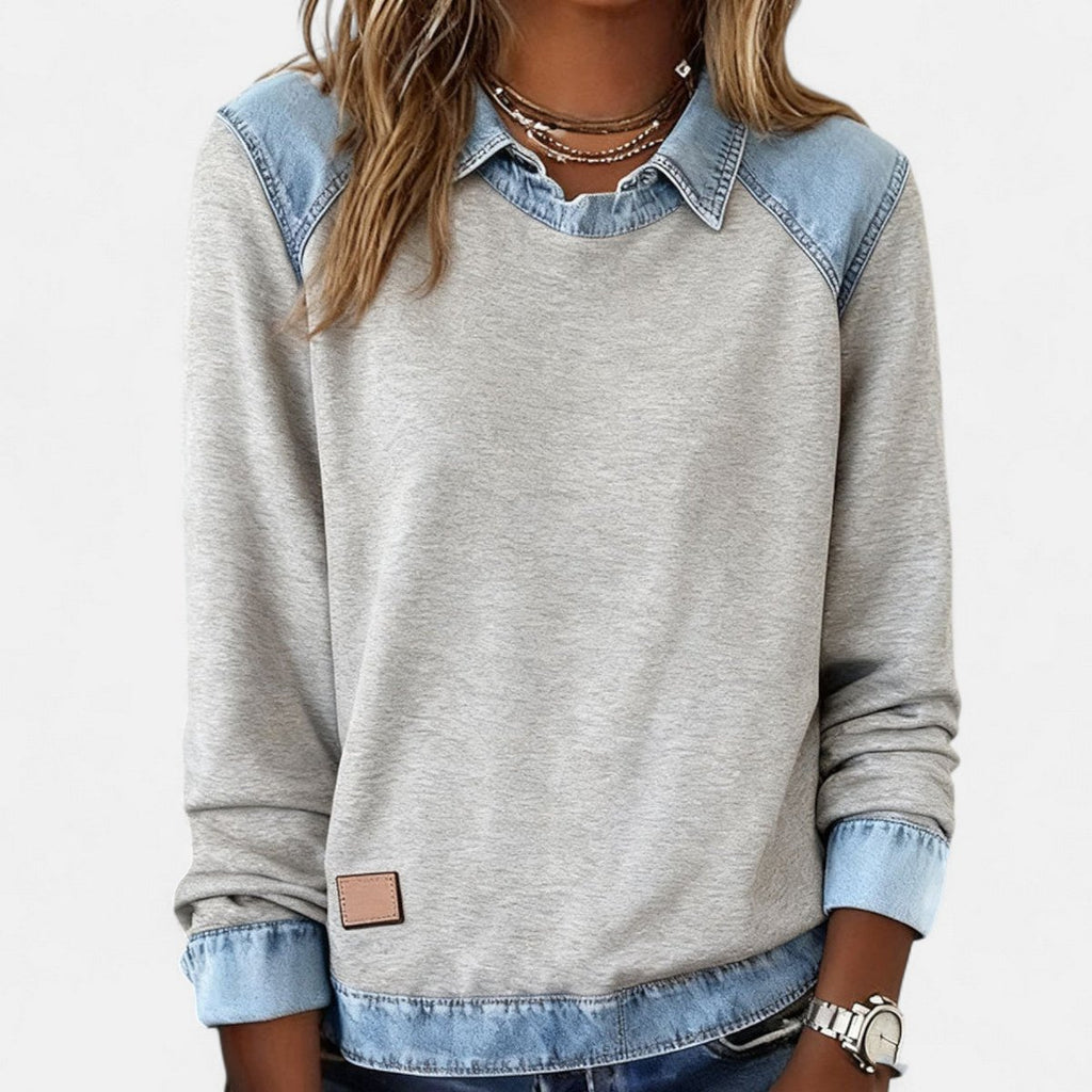 Women's Denim-Collar Raglan Knit Sweater Long Sleeve Pullover