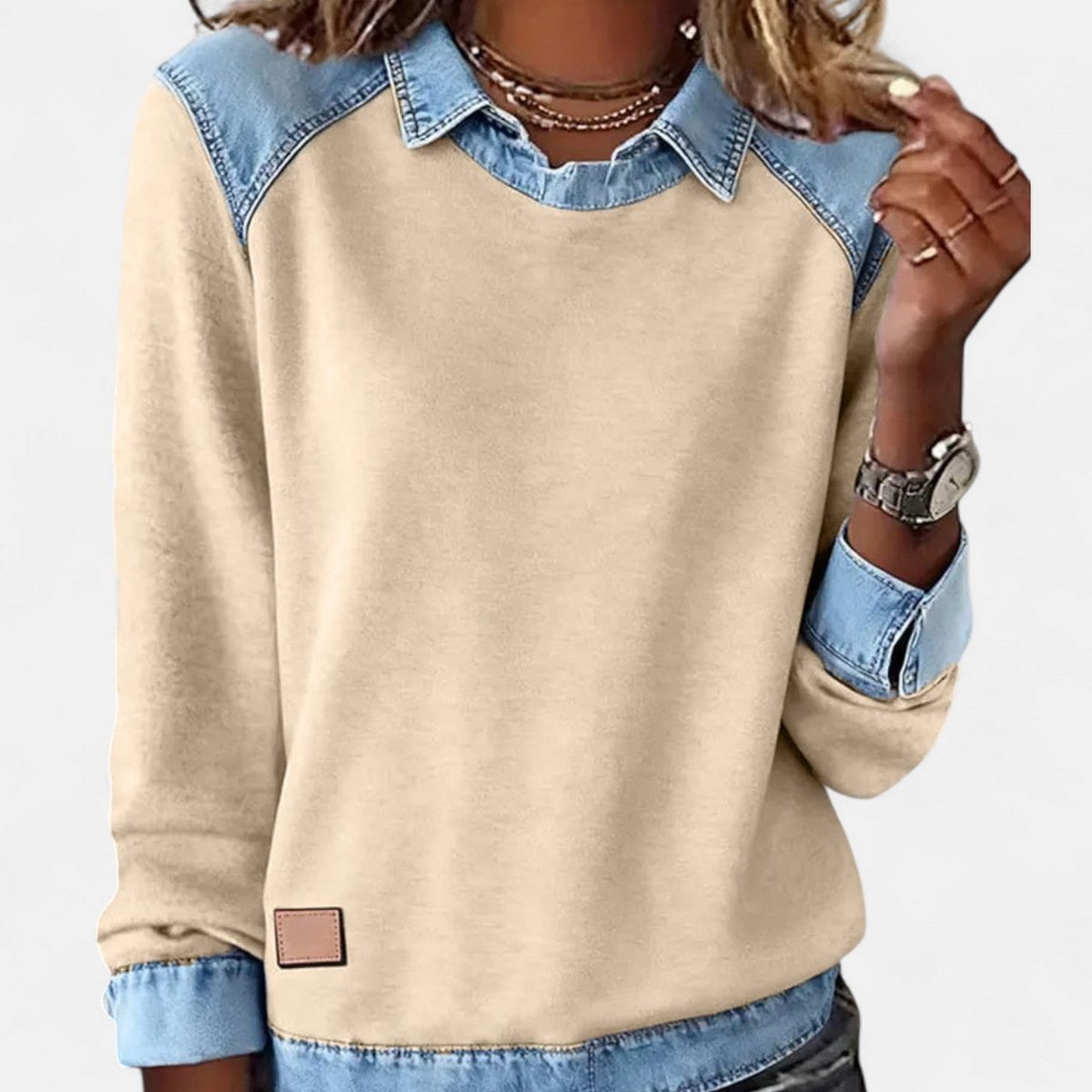 Women's Denim-Collar Raglan Knit Sweater Long Sleeve Pullover - Khaki