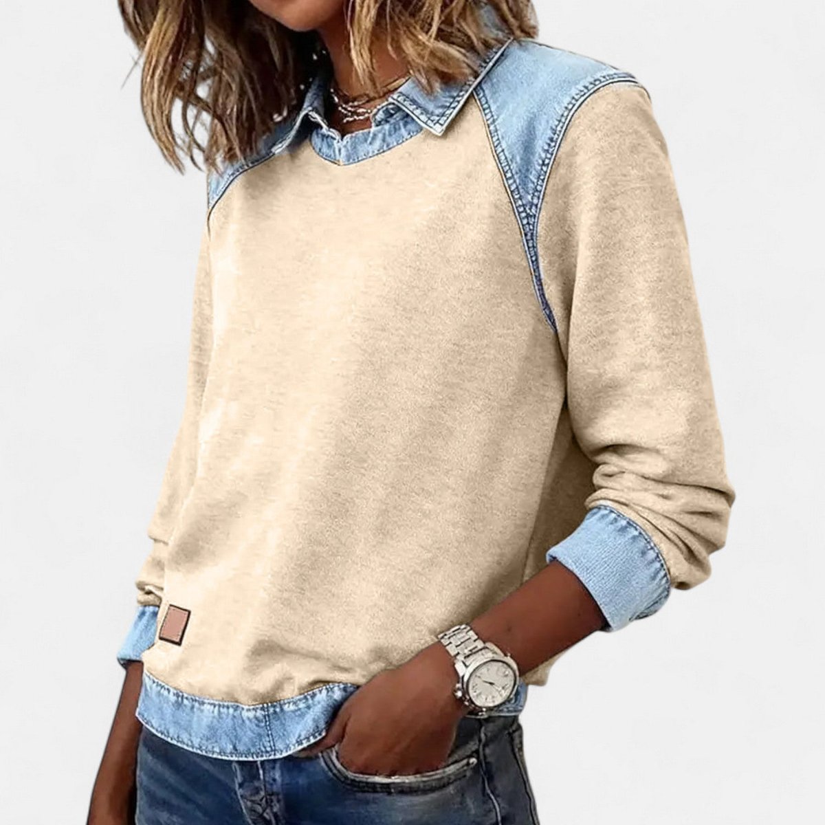 Women's Denim-Collar Raglan Knit Sweater Long Sleeve Pullover