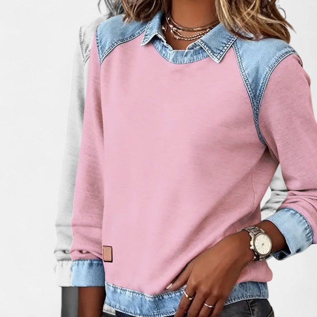 Women's Denim-Collar Raglan Knit Sweater Long Sleeve Pullover