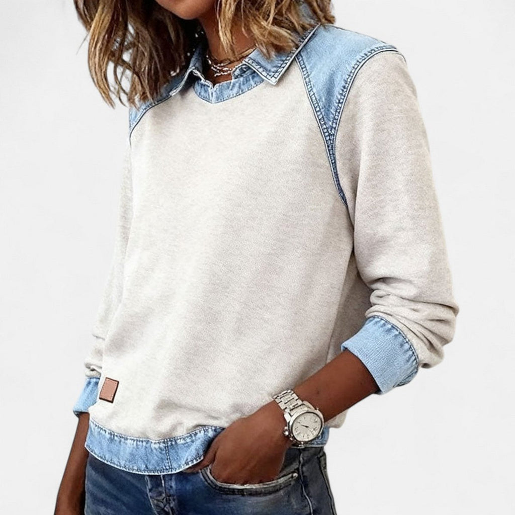 Women's Denim-Collar Raglan Knit Sweater Long Sleeve Pullover