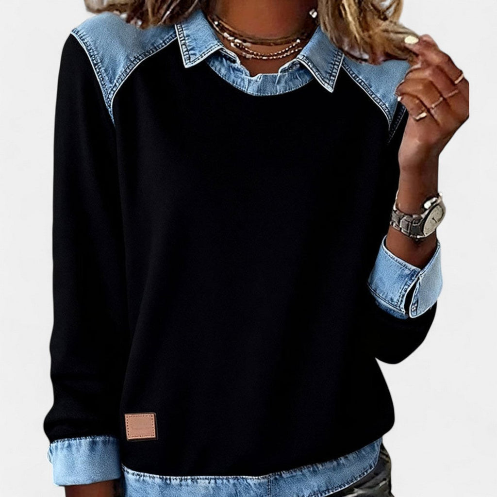 Women's Denim-Collar Raglan Knit Sweater Long Sleeve Pullover - Black
