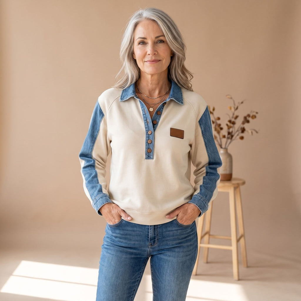 Women's Denim-Panel Button-Placket Collared Sweatshirt - Blue